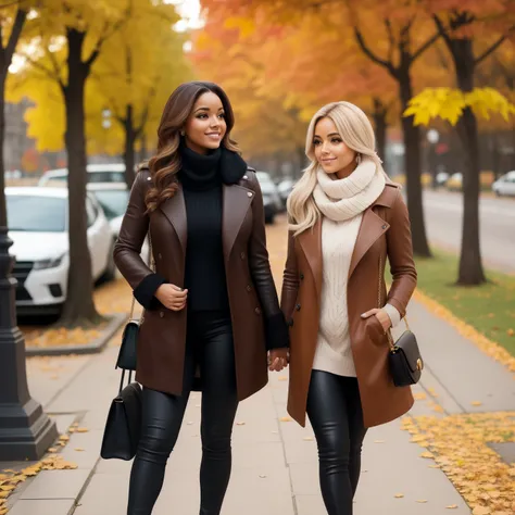 Mulher com uma linda morena , cabelos longos, cabelos ondulado, outfit in the setting of an autumn city