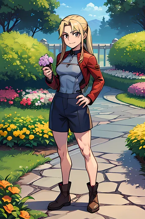 winrey Rockbell (from fullmetal alchemist) standing alone in her mechanic outfit  at marble Garden with beautiful flowers