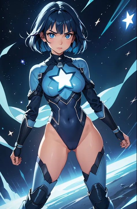 masterpiece, best quality, 1girl, superhero, leotard, dark blue leotard, long sleeves, bare legs, boots, dark blue boots, matching boots, medium breasts, diffraction spikes, light particles, aura, blue aura, standing, standing straight, space backdrop, (bl...