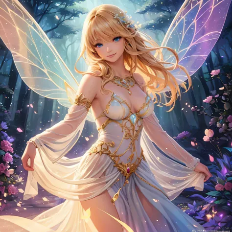 (best quality,ultra-detailed,realistic:1.37), portraits, beautiful fairy, fishnets, sparkling wings, radiant smile, enchanting eyes, flowing golden hair, magical forest, soft sunlight, vibrant colors, ethereal beauty, graceful pose, dreamlike atmosphere, f...