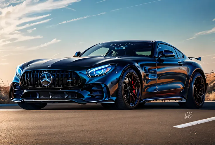 the mercedes-benz amg gtr pro drives on a beautiful highway，in the daytime