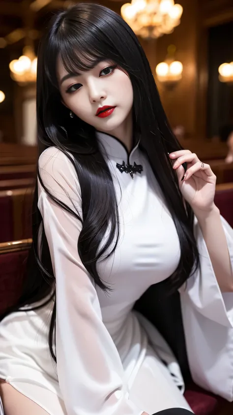 tra-detailed、Japanese、Attractive beauty、seductive adult woman、Pretty Woman、piercing eyes、cool girl、wavy hair、swept bangs、Long Black Cheongsam、Wide sleeves、Evil cadres、Fallen into evil、brainwash、mind control、lipstick、lip gloss、dark makeup、smirk、Whisper in m...