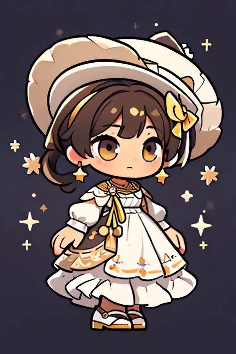 (obra maestra), Mejor calidad, high resolution, muy detallado, antecedentes detallados, perfect lighting, 1 chica, Cowgirl, Vaquera, Escaramusa Mexicana, Gold and White dress, Dark brown hair PONYTAIL, Gold and White charro hat, Big Starry anime eyes. Gold...