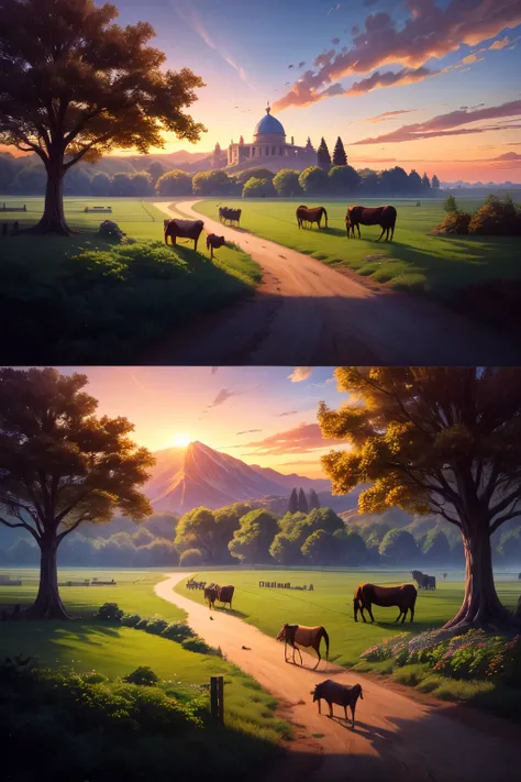  a vast field with a herd of cattle in the distance and the prophet with a cape calling his young disciple in a magnificent sunset with large, leafy trees and a path with a small, simple fence.