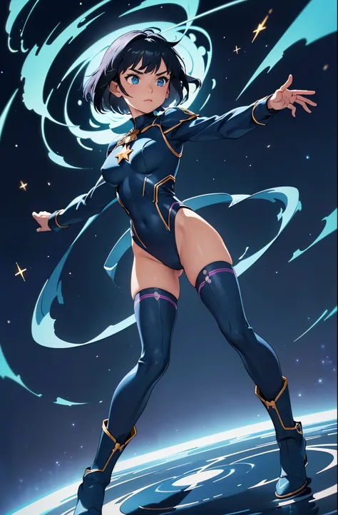 masterpiece, best quality, 1girl, superhero, ((leotard, dark blue leotard)), long sleeves, bare legs, boots, dark blue boots, matching boots, medium breasts, diffraction spikes, light particles, standing, standing straight, dark blue hair, ((short hair, bo...