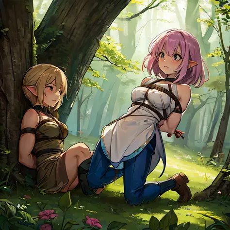  Make a picture where a fairy is getting tied up by a female thief in the woods,  bound