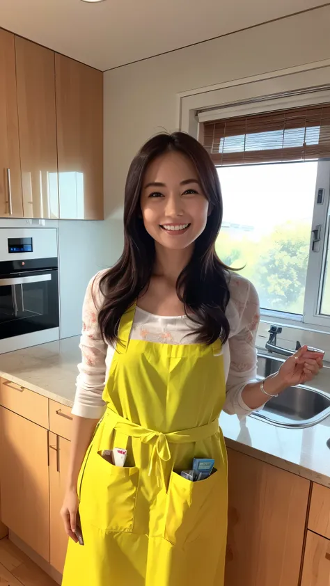 (table top、highest quality、8K、Award-winning work、ultra high resolution)、one beautiful woman、(wearing the most natural and perfect apron:1.1)、(naked apron:1.2)、long hair、(Look at me with your best smile:1.1)、(Show your beautiful teeth and have the best smil...