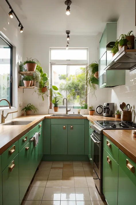 cocina de colores llamativos moderna con plantas para interiores