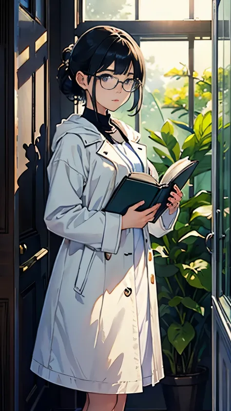 (highest quality、masterpiece、High resolution)、(Sargent style watercolor)、(anime art)、Movie angle、cinematic light、soft light、((1 girl))、18-year-old、wonderful、black hair、short hair、Put your hair up、Wear glasses、((wearing a white coat))、uniform、long skirt、sma...