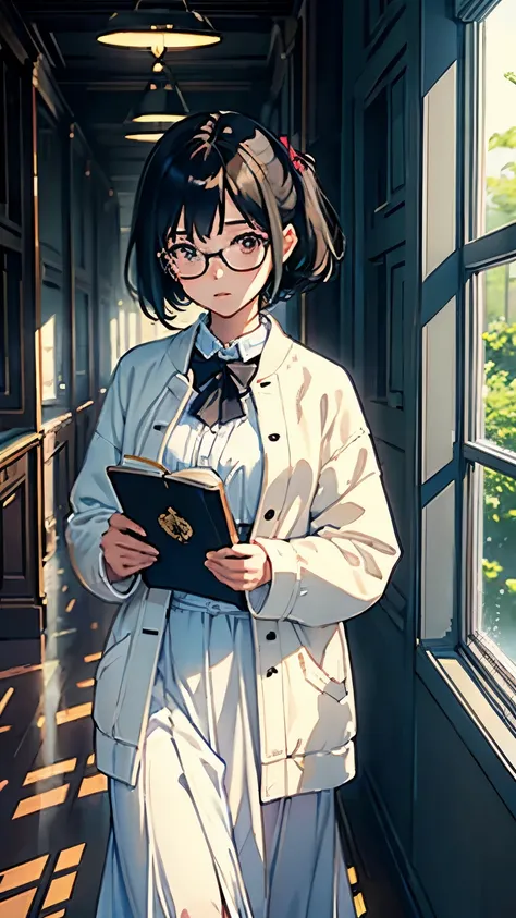 (highest quality、masterpiece、High resolution)、(Sargent style watercolor)、(anime art)、Movie angle、cinematic light、soft light、((1 girl))、18-year-old、wonderful、black hair、short hair、Put your hair up、Wear glasses、((wearing a white coat))、uniform、long skirt、sma...