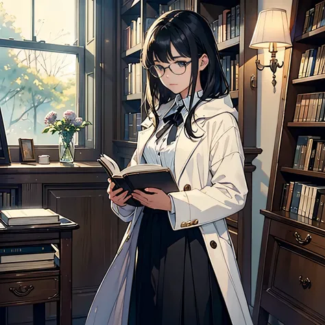 (highest quality、masterpiece、High resolution)、(Sargent style watercolor)、(anime art)、Movie angle、cinematic light、soft light、((1 girl))、18-year-old、black haired woman、short black hair、Put your hair up、Wear glasses、((wearing a white coat))、uniform、long skirt...