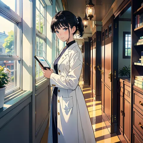 (highest quality、masterpiece、High resolution)、(Sargent style watercolor)、(anime art)、Movie angle、cinematic light、soft light、woman、18-year-old、((Windowでレポートを抱えて立っている))、(short black hair)、Put your hair up、(Detailed facial depiction)、smile gently、small breast...