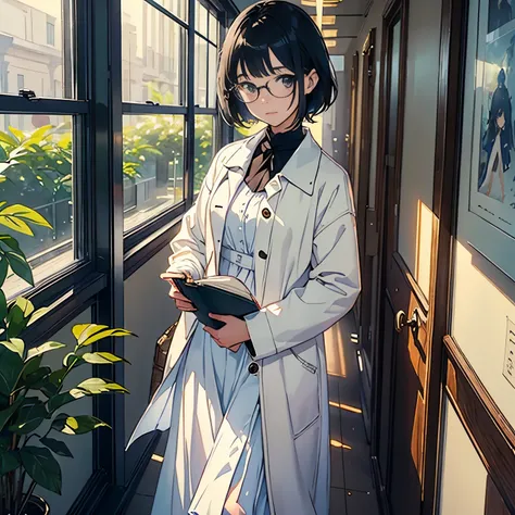 (highest quality、masterpiece、High resolution)、(Sargent style watercolor)、(anime art)、Movie angle、cinematic light、soft light、((1 girl))、18-year-old、wonderful、black hair、short hair、Put your hair up、Wear glasses、((wearing a white coat))、uniform、long skirt、sma...