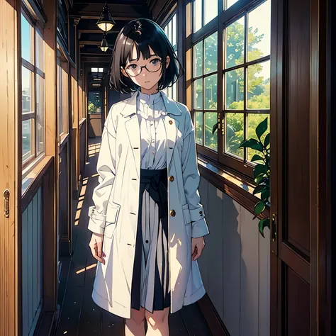 (highest quality、masterpiece、High resolution)、(Sargent style watercolor)、(anime art)、Movie angle、cinematic light、soft light、((1 girl))、18-year-old、wonderful、black hair、short hair、Put your hair up、Wear glasses、((wearing a white coat))、uniform、long skirt、sma...