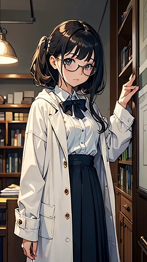 (highest quality、masterpiece、High resolution)、(Sargent style watercolor)、(anime art)、cinematic light、soft light、((1 girl))、20-year-old、((With documents、Standing by the wall))、black hair、short hair、semi-long、Put your hair up、glasses、((wearing a white coat))...