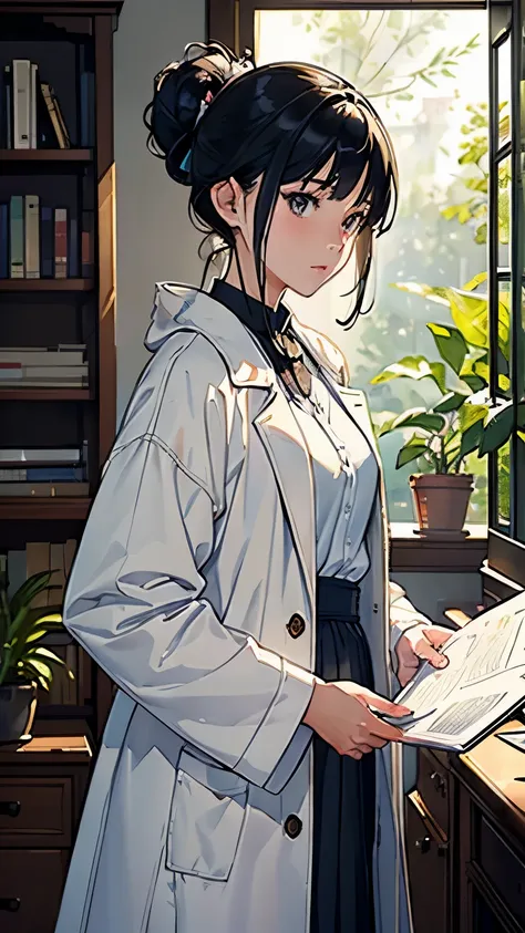 (highest quality、masterpiece、High resolution)、(Sargent style watercolor)、(anime art)、cinematic light、soft light、((1 girl))、20-year-old、((With documents、Standing by the wall))、black hair、short hair、semi-long、Put your hair up、(detailed depiction of the face)...