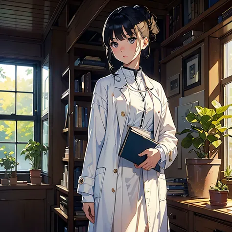 (highest quality、masterpiece、High resolution)、(Sargent style watercolor)、(anime art)、cinematic light、soft light、((1 girl))、20-year-old、((With documents、Standing by the wall))、black hair、short hair、semi-long、Put your hair up、(detailed depiction of the face)...