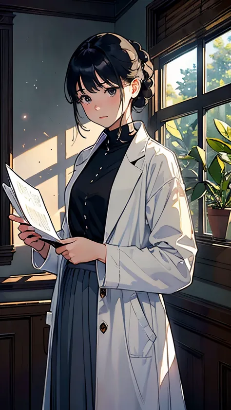 (highest quality、masterpiece、High resolution)、(Sargent style watercolor)、(anime art)、cinematic light、soft light、((1 girl))、20-year-old、((With documents、Standing by the wall))、black hair、short hair、semi-long、Put your hair up、(detailed depiction of the face)...