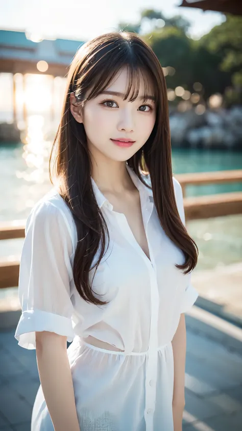 whiteＴshirt、full body shot、Complex and beautiful eyes、woman、womanらしい髪型、natural color lip、bold and sexy pose、smile、Ocean、((18歳woman:1.2))、young adorable japanese face, official art，Highly detailed CG Unity 8K wallpaper，（masterpiece:1.0),(highest quality:1.0...