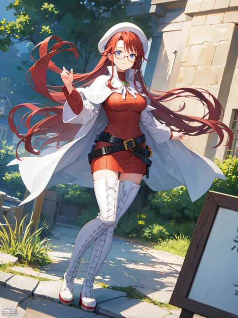 summonnightaty, aty, long hair, blue eyes, red hair, beret, hat, glasses,
BREAK long hair, thighhighs, hat, dress, boots, glasses, belt, cape, sweater, zettai ryouiki, beret, thigh boots, white footwear, ribbed sweater, loose belt,solo,
BREAK outdoors, fan...