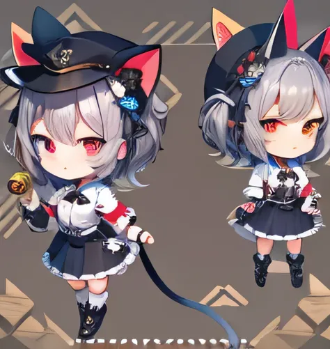 1 person、SD character、deformed、2d character、anime character、chibi character、Large, clear red eyes、Black Lolita Gothic Top、、Cat ear、silver hair、full body shot、Short leg、(超Short leg)