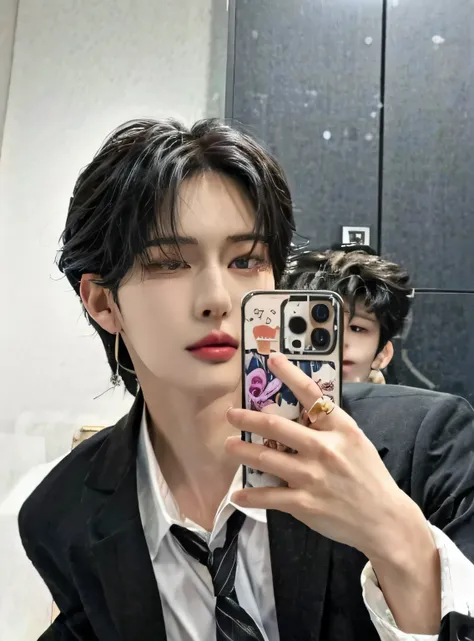 there is a man taking a selfie in a mirror, jinyoung shin, cai xu kun, jung jaehyun, kim taejin, hyung tae, kim doyoung, yanjun ...