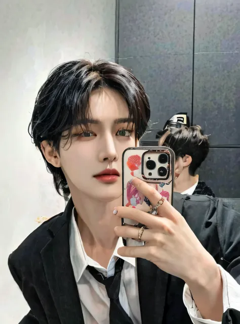 there is a man taking a selfie in a mirror, jinyoung shin, cai xu kun, jung jaehyun, kim taejin, hyung tae, kim doyoung, yanjun ...