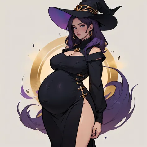 older woman in her 30s pregnant with long purple hair and a tall body covered in a black dress, corpo esguio peituda, seios grandes, bunda magra, olhar misterioso, (obra de arte, Melhor qualidade:1.2) wearing legendary big black dress of mystical sorceres...