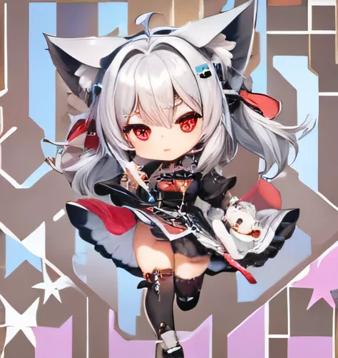 1 person、SD character、deformed、2d character、anime character、chibi character、Large, clear red eyes、Black Lolita Gothic Top、、Cat ear、silver hair、full body shot、Short leg、(超Short leg)