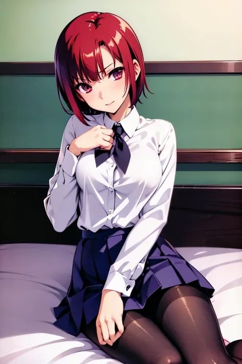 Rio, Super Blackjack、red hair、short hair、((school uniform))、((pantyhose))、mini skirt、Photo from below、medium chest、Bedroom、Rio・デ・カーニバル、bra