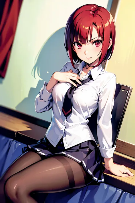 Rio, Super Blackjack、red hair、short hair、((school uniform))、((pantyhose))、mini skirt、Photo from below、medium chest、Bedroom、Rio・デ・カーニバル、bra