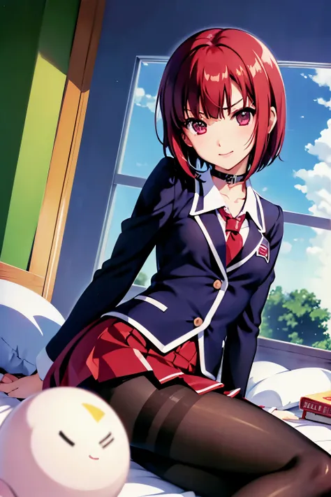 Rio, Super Blackjack、red hair、short hair、((school uniform))、((pantyhose))、mini skirt、Photo from below、medium chest、Bedroom、Rio・デ・カーニバル、bra