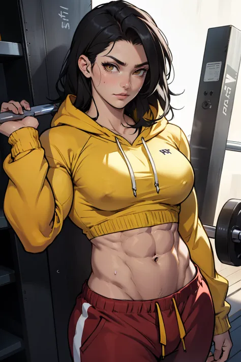 ((1girl bodybuilder)) pale skin black hair very long hair yellow eyes large breasts long hoodie sweatpants midriff close up