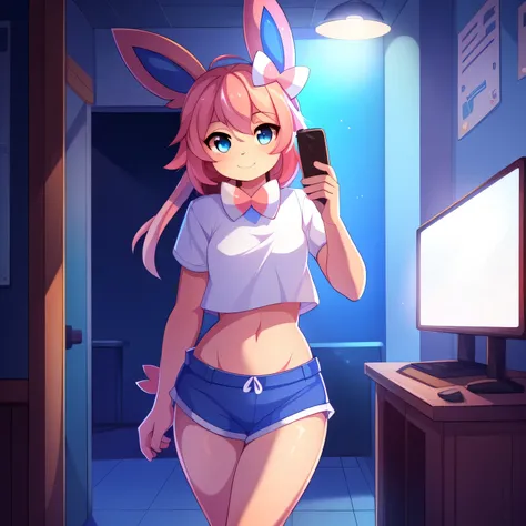 (Sozinho:1.3), Sylveon feminino, rosto fofo, corpo fofo, standing in a dimly lit hallway of an internet cafe with computer, jitome, segurando um iPhone, cell phone in one hand, (Sozinho:1.3), altamente detalhado, sapatos pretos de cano alto, (cauda pequena...