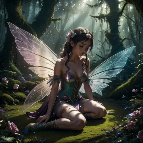 rope, enchanted forest, magical atmosphere, surreal, vibrant colors, soft lighting, ethereal, detailed fairy wings, mischievous expression, dynamic composition, fantasy elements, moss-covered trees, sparkling fairy dust, whimsical, mysterious, intense emot...