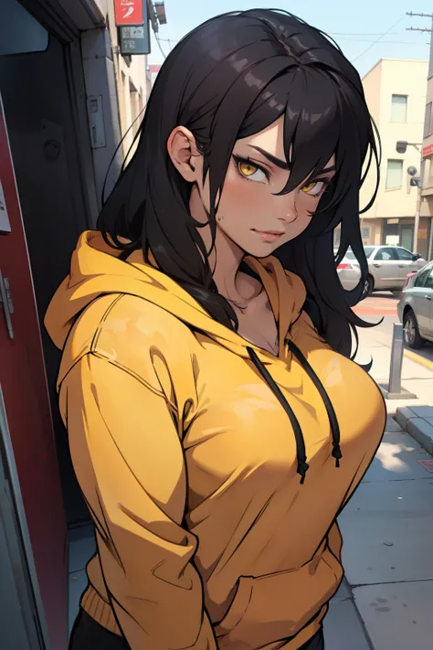 ((1girl muscular)) pale skin black hair very long hair yellow eyes large breasts long hoodie sweatpants close up