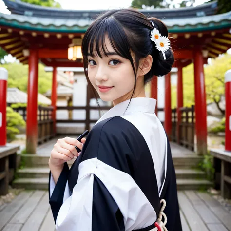 wearing only FURISODE, Best-quality, Masterpiece, Ultra-High-Resolution, (Photorealistic:1.4), Raw-Photo, at Japanese-shrine, 1girl, solo, 20-years-old, the most famous Japanese idol, (extremely cute face, ((extremely cute big-black-eyes)), extremely cute ...