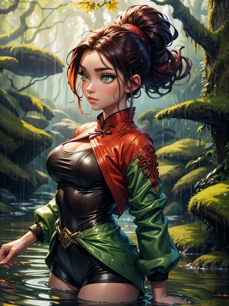 masterpiece, best quality, autumn outfit, colorful hair, outdoor,upper body, colorful autumnal clothes, ((fully clothed)), warm clothes, wet clothes, soaked, drenched, excited, wet hair, wet and slimy, water up to her chest, submerged, fantasy environment,...