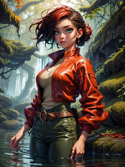 masterpiece, best quality, autumn outfit, colorful hair, outdoor,upper body, colorful autumnal clothes, ((fully clothed)), warm clothes, wet clothes, soaked, drenched, excited, wet hair, wet and slimy, water up to her chest, submerged, fantasy environment,...