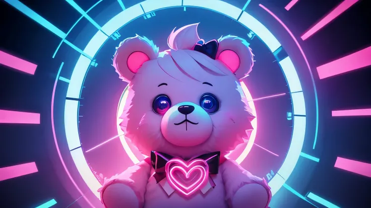 neon hypnotized teddy bear, cute heart, hypnotized eyes