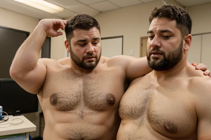 a stocky thick 45 years old male doctor with short beard is checking the chest of a 36 years old stocky chubby thick rugby athlete with short beard and short hair in a clinic
