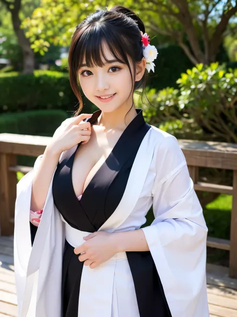 (wearing only FURISODE), Best-quality, Masterpiece, Ultra-High-Resolution, (Photorealistic:1.4), Raw-Photo, at Japanese-shrine, from below, 1girl, solo, 20-years-old, the most famous Japanese idol, (extremely cute face, ((extremely cute big-black-eyes)), e...