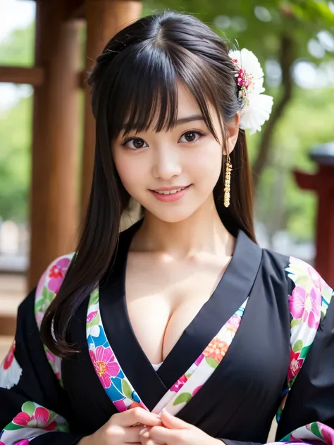 (wearing only FURISODE), Best-quality, Masterpiece, Ultra-High-Resolution, (Photorealistic:1.4), Raw-Photo, at Japanese-shrine, from below, 1girl, solo, 20-years-old, the most famous Japanese idol, (extremely cute face, ((extremely cute big-black-eyes)), e...