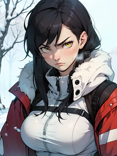 muscular girl thick breasts black hair yellow eyes pale skin best quality sad frown cold cold cold winter clothes