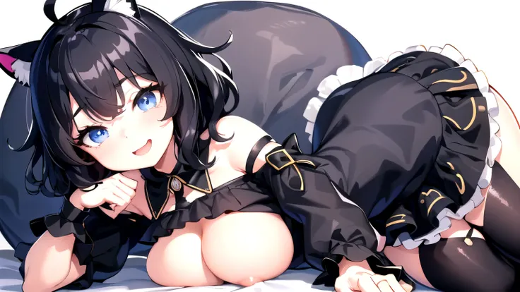 looking at the viewer, 1 girl, open your mouth, smile, Virtual YouTuber、with a girl、((highest quality, expensive_solve, clear_image)),(black hair), (black cat ears), (Ahoge), (ridiculously short hair), (wavy hair), (blue eyes)、very big breasts,wore a shirt...