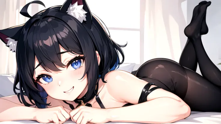 looking at the viewer, 1 girl, open your mouth, smile, Virtual YouTuber、with a girl、((highest quality, expensive_solve, clear_image)),(black hair), (black cat ears), (Ahoge), (ridiculously short hair), (wavy hair), (blue eyes)、very big breasts,wore a shirt...