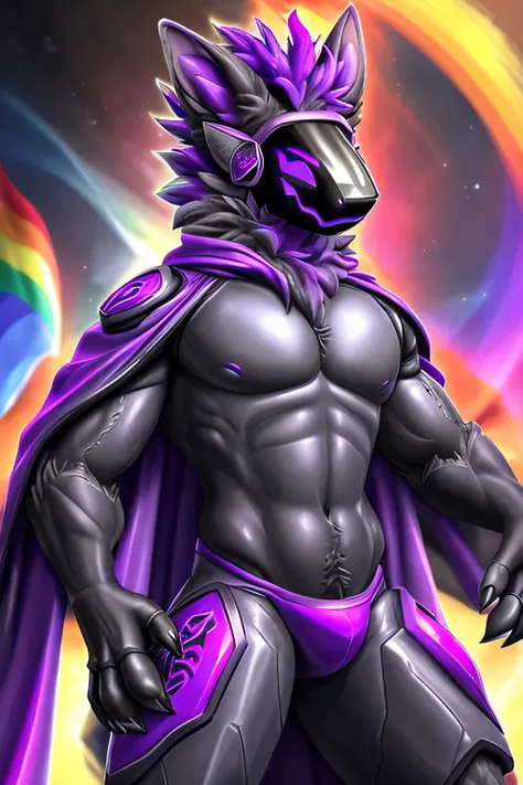 Black furred protogen with a bright purple protogen visor and a flowing gay pride cape., altura completa, divino, sharp focus, renderizado de octanaje, HDR, atomspheric,