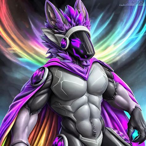 Black-furred protogen with a bright purple protogen visor and a flowing rainbow cape., altura completa, divino, sharp focus, renderizado de octanaje, HDR, atomspheric,