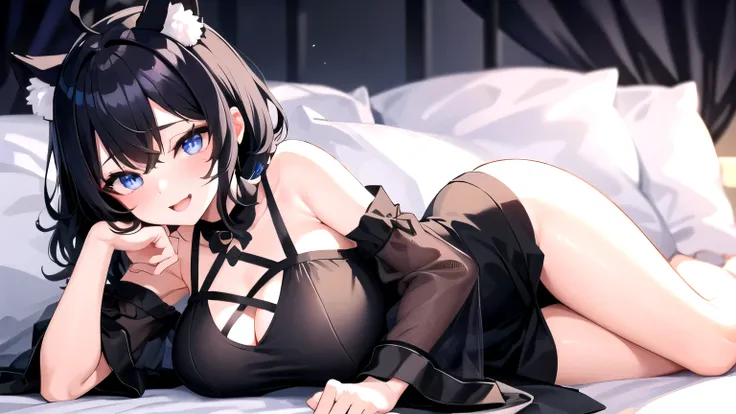 looking at the viewer, 1 girl, open your mouth, smile, Virtual YouTuber、with a girl、((highest quality, expensive_solve, clear_image)),(black hair), (black cat ears), (Ahoge), (ridiculously short hair), (wavy hair), (blue eyes)、very big breasts,I put on my ...