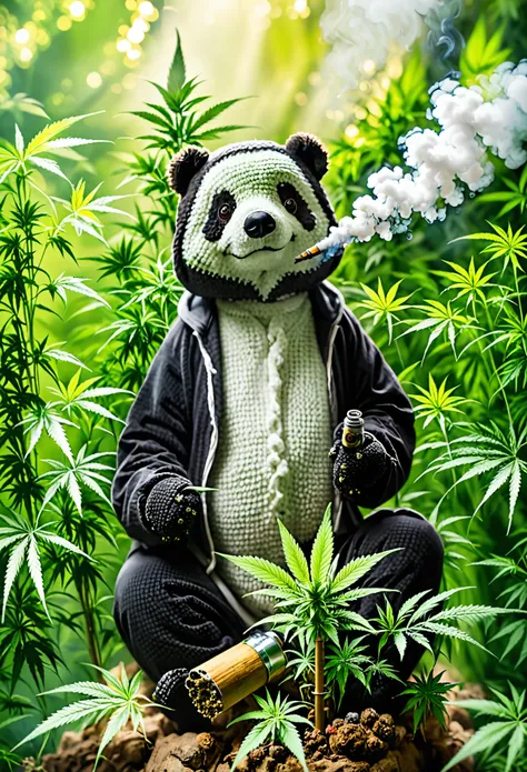 panda forreando mientras fuma un blunt junto a sus plantas de cannabis